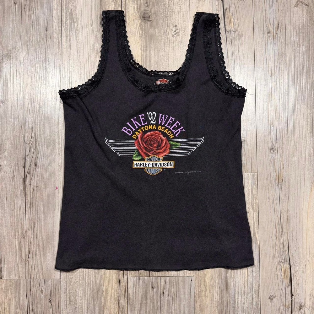 Harley Davidson 3D Emblem black tank top with lace trim - Picture 1 of 5